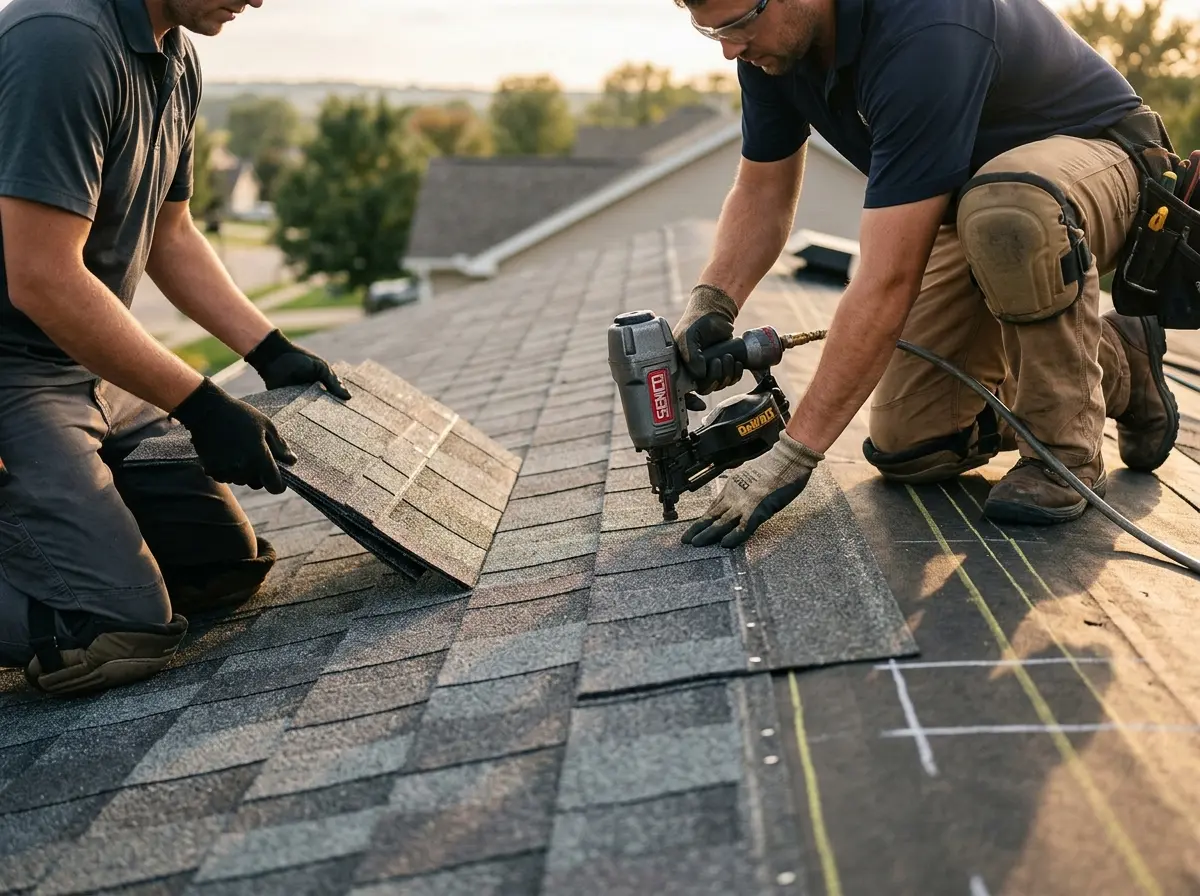 Professional roofer working on a residential roof in Buda